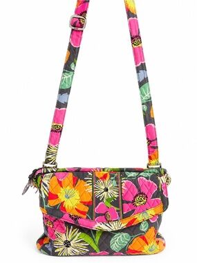 Quilted Floral Crossbody Bag — Gray with Pink & Orange Blooms